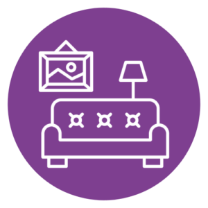 lineart icon of living room with lamp, picture and sofa