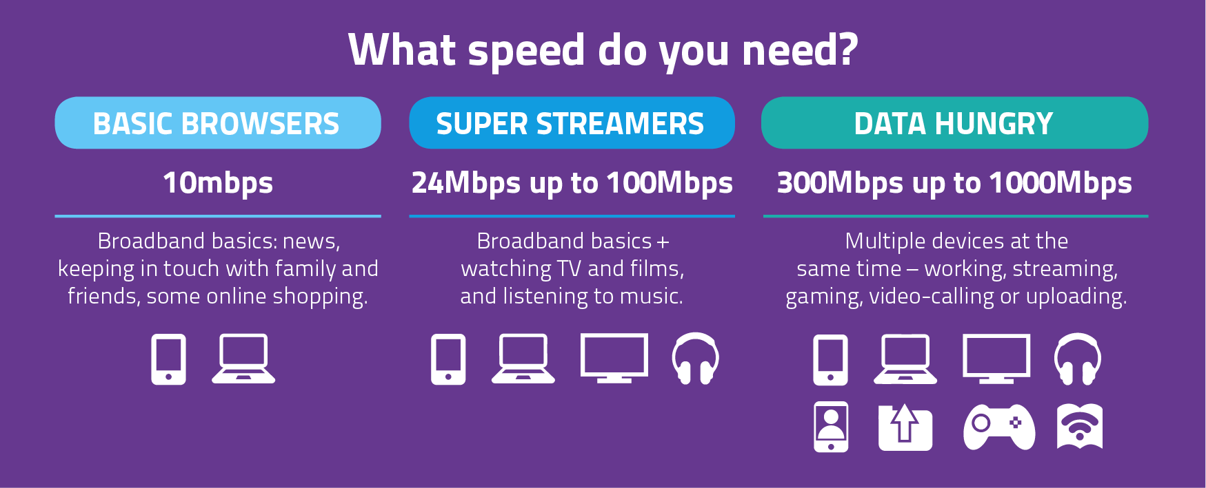 What speed do you need? Standard 10mbps. Super streamers from 24mbps to 100Mbps. Gigabit up to 1000mbps
