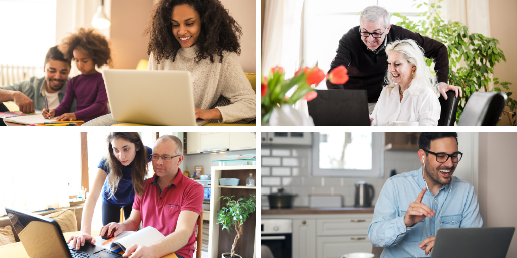 Four separate images of people in their homes looking at laptops and smiling.