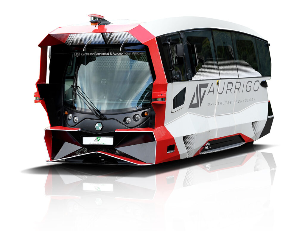 Aurrigo's autonomous vehicle. A futuristic-looking shuttle.