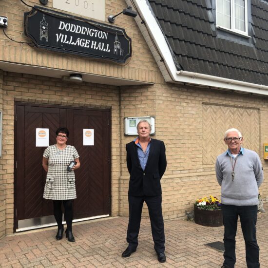Dawn Breacher, Cllr David Connor and hall caretaker Stephen Marshall standing outside Doddington Village hall