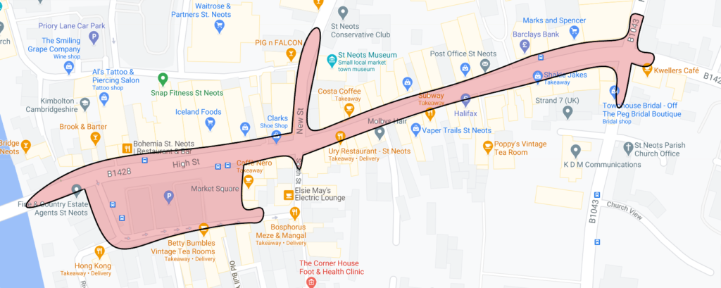 map of St Neots showing where the Free CambWifi coverage is