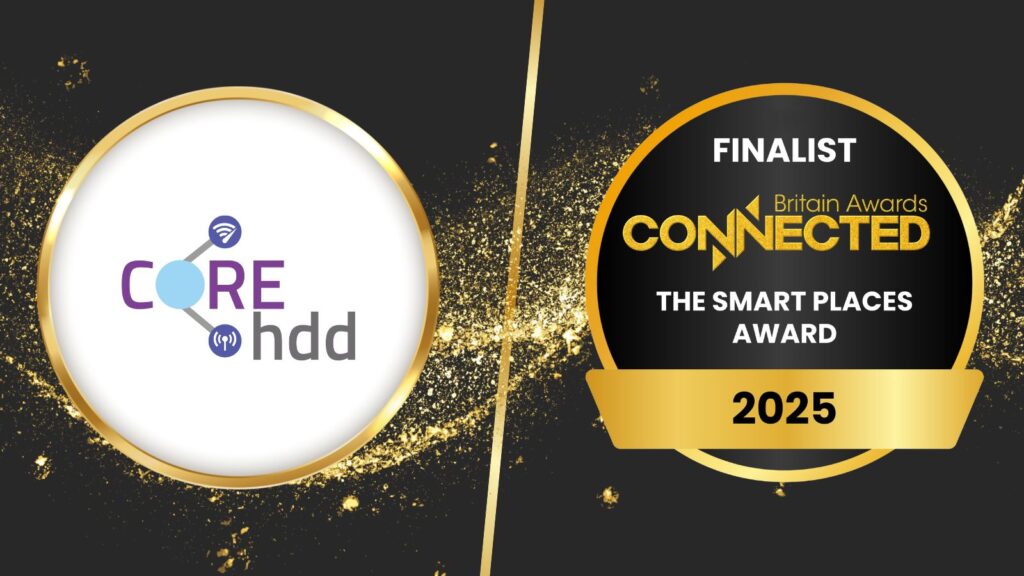 COREhdd logo displayed next to a gold-bordered badge announcing finalist status for the 2025 Britain Awards Connected Smart Places Award.