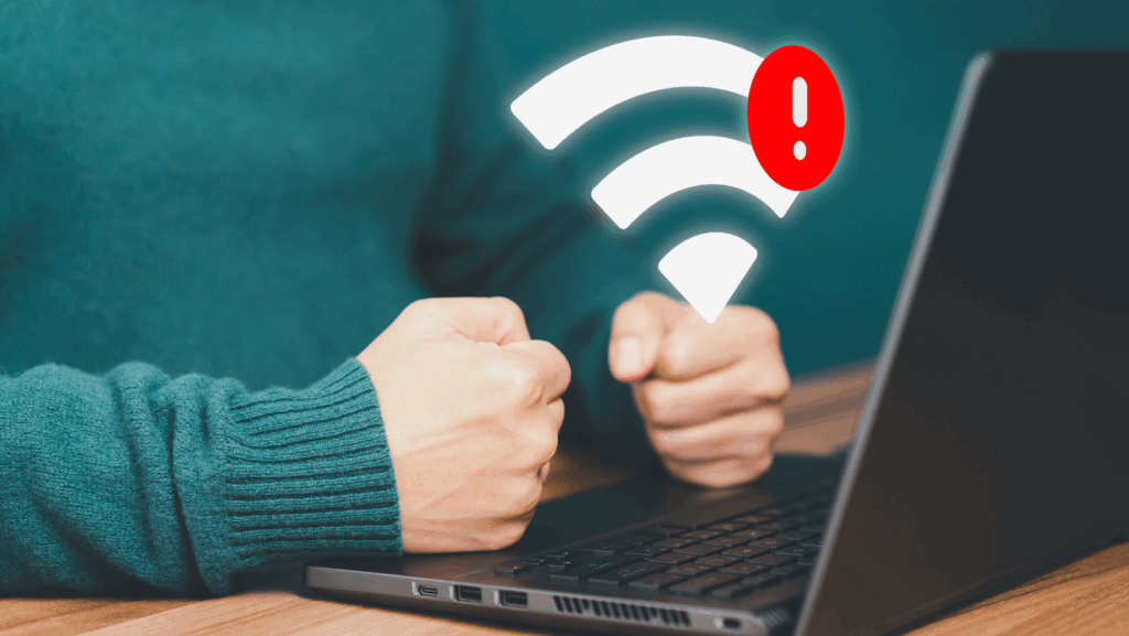 Man using a laptop to connect to wifi but wifi not connected.