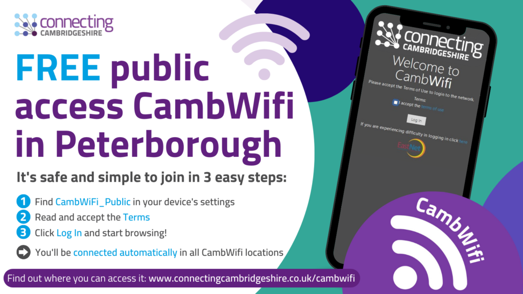 Free public access CambWifi now available in Peterborough with an image on a mobile phone