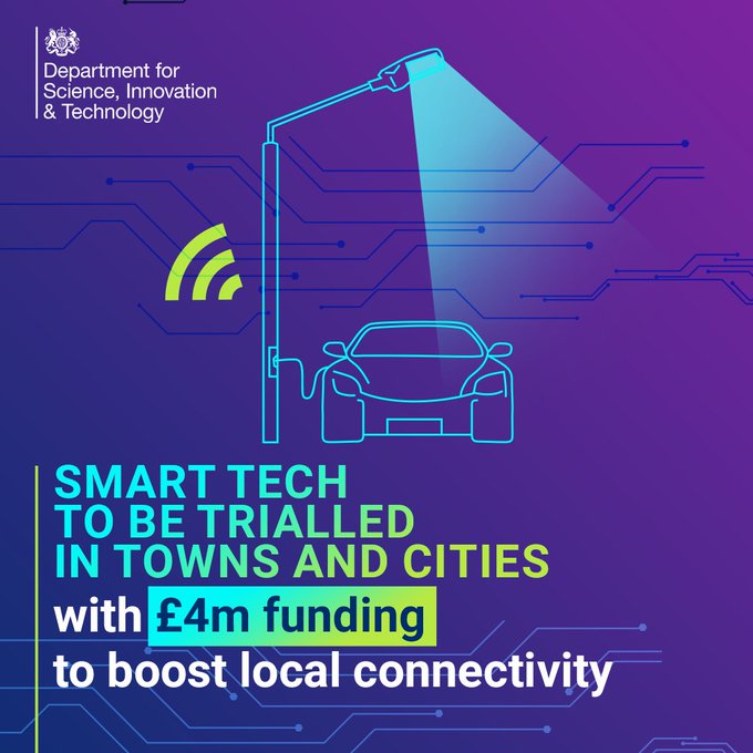 Image of a Smart street lighting column casting light on an electric car. Text: Smart tech to be trialled in towns and cities with £4m funding to boost local connectivity